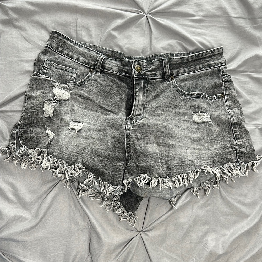 High-Rise Distressed Fray-Hem Denim Shorts - Black Wash